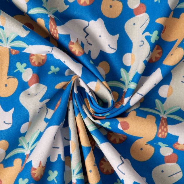 Tissu Coton imprimé Arty Trio dino sur fond Bleu roi