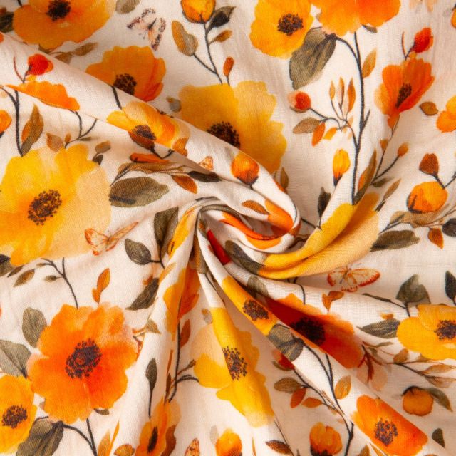 Tissu Double gaze de Coton digital Grandes fleurs Ezia sur fond Ecru