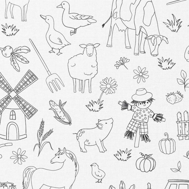 Coupon Tissu Coton à colorier Arty La ferme sur fond Blanc - Coupon de 30 cm