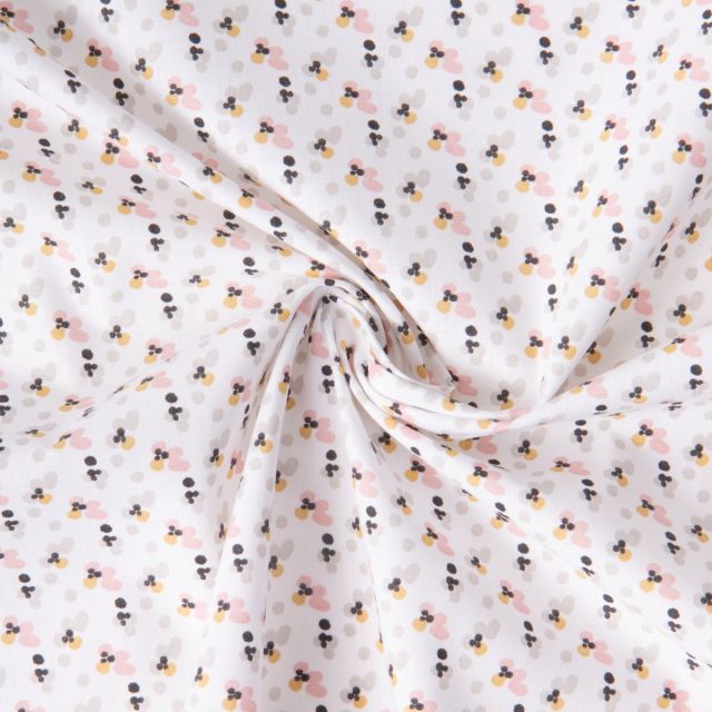 Coupon Tissu Coton imprimé Fimoa motifs abstraits rose pâle, jaune et noir sur fond Blanc - Par Coupon de 3m - Coupon de 120 cm
