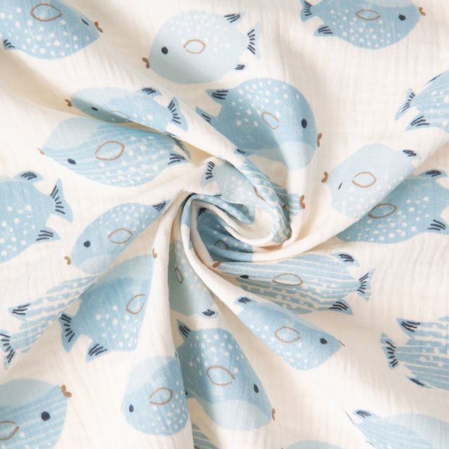 Tissu Double gaze de Coton Poissons bleus pastels sur fond Ecru