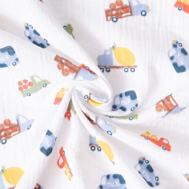 Tissu Double gaze Fresh petits camions Bleu sur fond Blanc