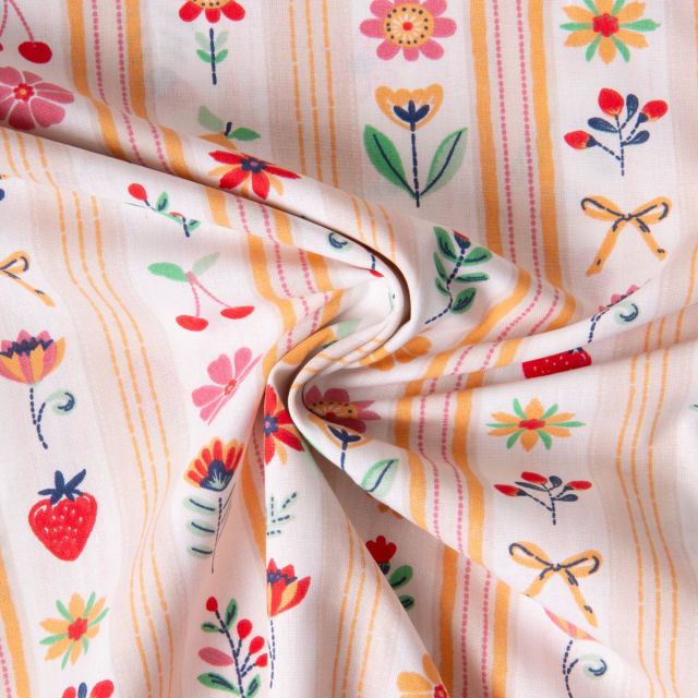 Tissu Coton imprimé Arty Fleuris et fraises Galy sur fond Ecru
