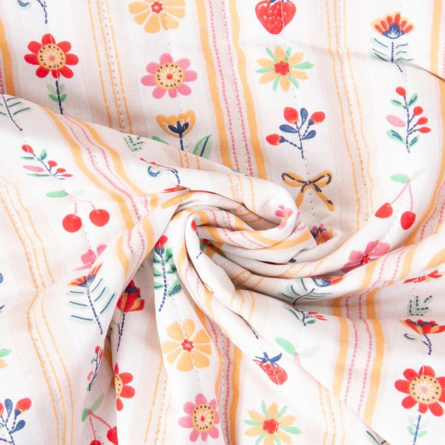 Tissu Coton Matelassé réversible Galy fleurs sur fond Blanc