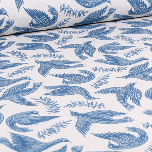Tissu Coton imprimé Arty Geai sur fond Blanc