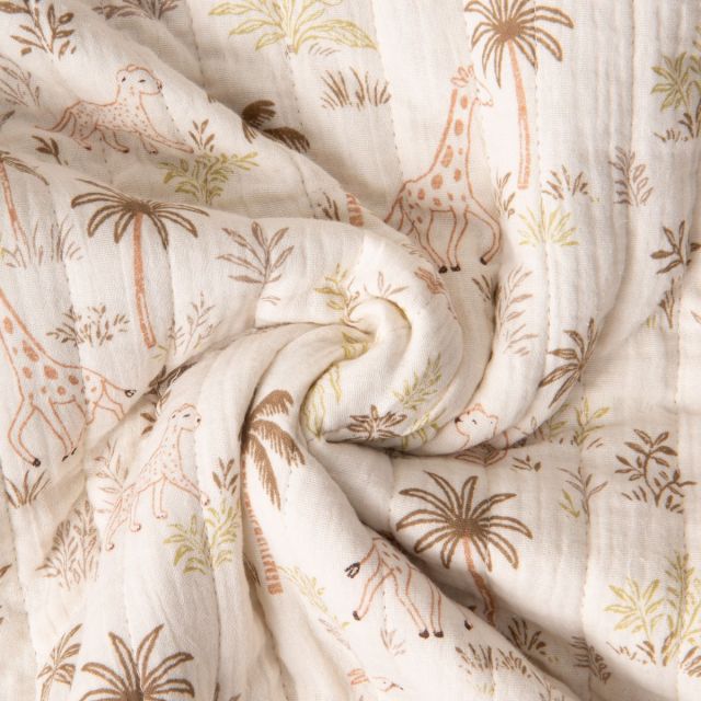 Tissu Double gaze de Coton Matelassé réversible La savane sur fond Ecru
