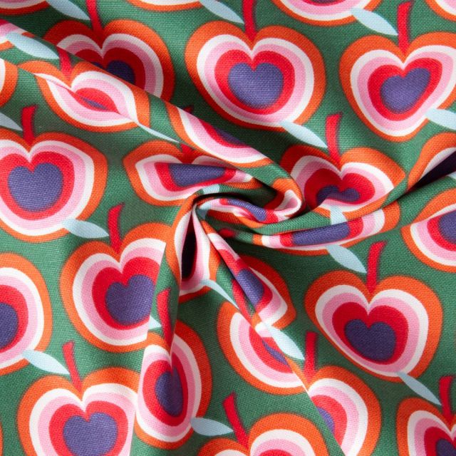 Tissu Toile de Coton Demi Natté Pomme Grann sur fond Vert pomme