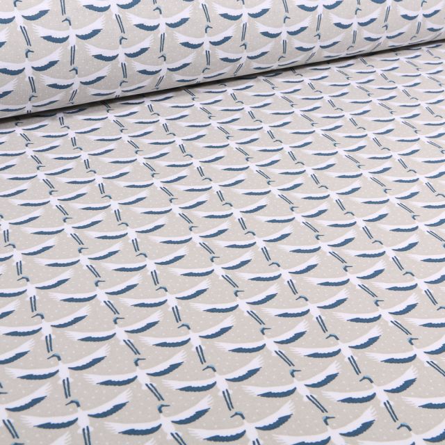 Tissu Coton imprimé Arty Grue sur fond Naturel