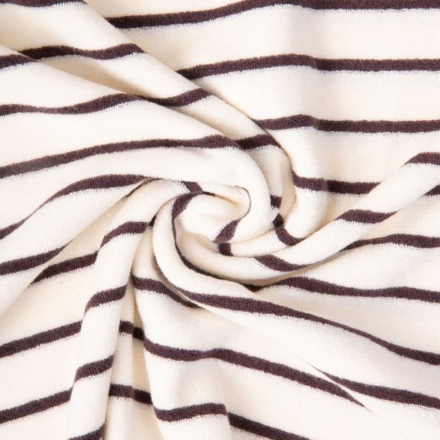 Tissu Jersey Eponge rayures Marron sur fond Ecru