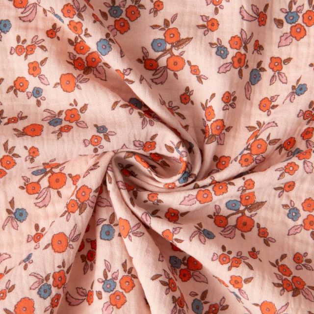 Tissu Double gaze de Coton Fleuris June sur fond Pêche
