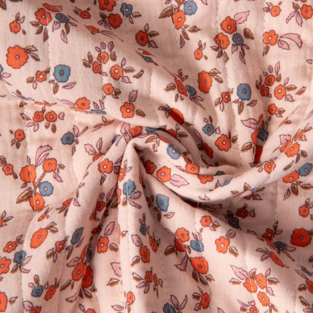 Tissu Double gaze de Coton Matelassé Fleuris réversible Seersucker rayé sur fond Rose pâle