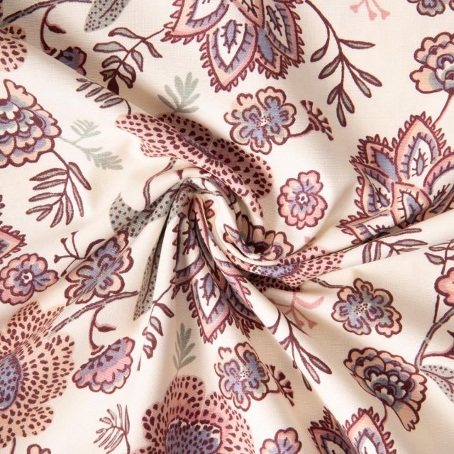 Tissu Toile de Coton Fleuris Khonoa sur fond Ecru