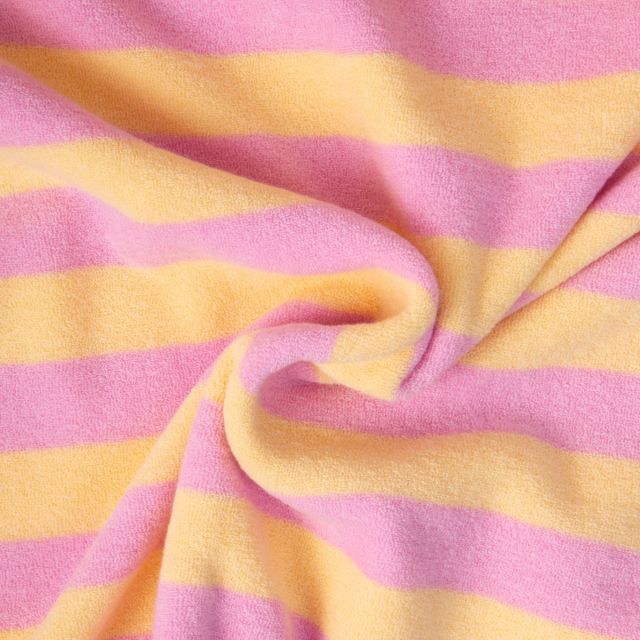 Tissu Jersey Eponge rayures Jaune beurre sur fond Rose bonbon