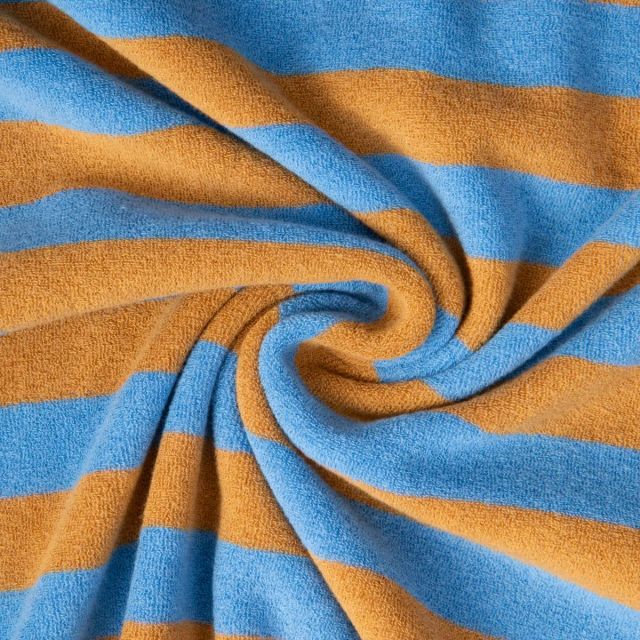 Tissu Jersey Eponge rayures Vert olive sur fond Bleu jean