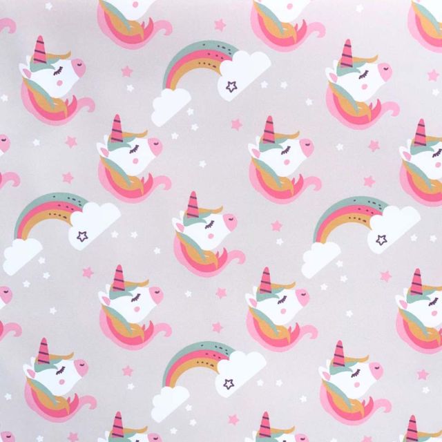 Coupon Tissu Imperméable déperlant Lilyane Licorne sur fond Bleu gris - Coupon de 60 cm