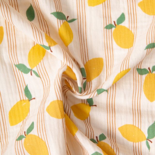 Tissu Double gaze de Coton Citrons jaunes et rayures sur fond Ecru
