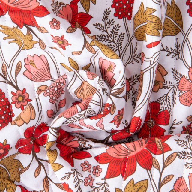 Tissu Coton Matelassé réversible Lizu fleuris sur fond Blanc
