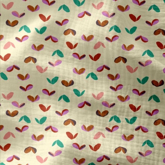 Coupon Tissu Double gaze imprimé Loove rose sur fond Ecru - Coupon de 30 cm