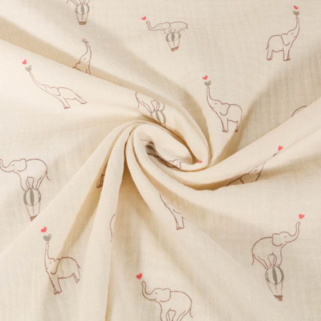 Coupon Tissu Double gaze Coton Eléphant Lumpy sur fond Ecru - Coupon de 120 cm