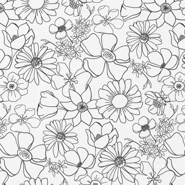 Coupon Tissu Coton à colorier Arty Lyco fleuris sur fond Blanc - Coupon de 20 cm