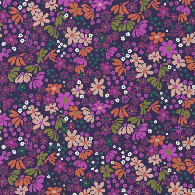 Tissu Coton imprimé Arty Maria fleuris sur fond Violet - Coupon de 20 cm