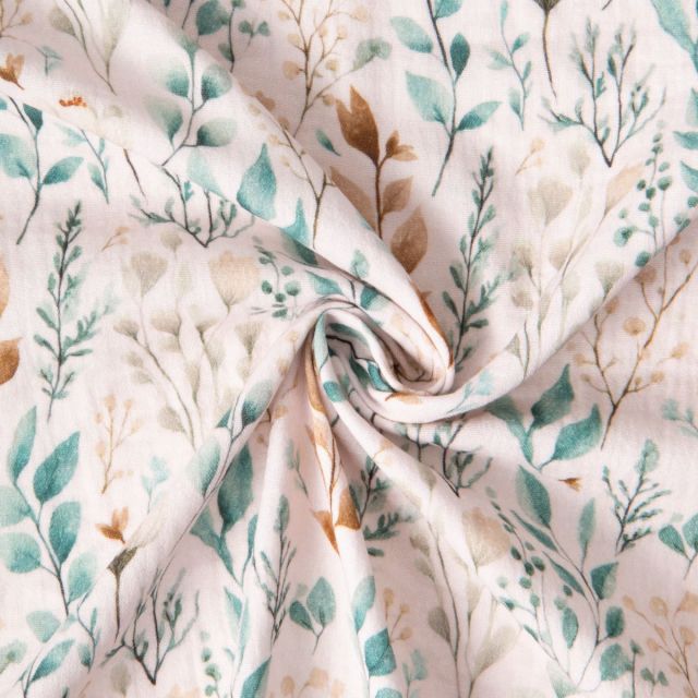 Tissu Double gaze de Coton digital Feuillage Mariva sur fond Ecru
