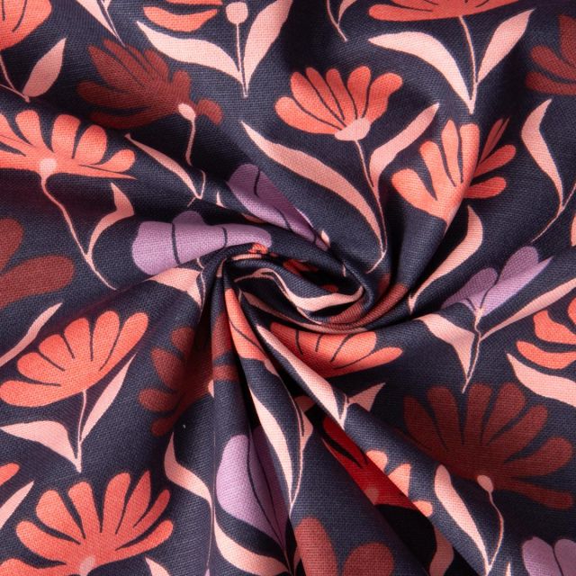 Tissu Toile de Coton Demi Natté Fleuris Marjo sur fond Bleu marine