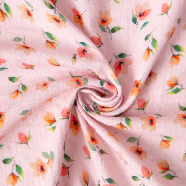 Tissu Double gaze de Coton digital Fleurs Miman sur fond Rose clair