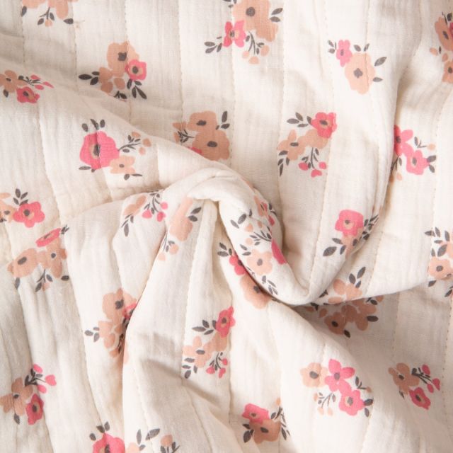 Tissu Double gaze de Coton Matelassé réversible Fleuris Molisa sur fond Ecru