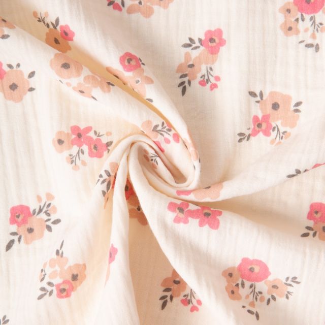 Tissu Double gaze de Coton Fleuris Molisa sur fond Ecru