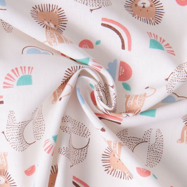 Tissu Coton imprimé Arty Lion et éléphants Murpha sur fond Ecru