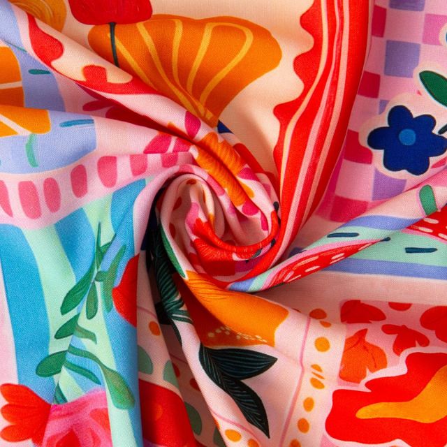Tissu Viscose imprimé Arty Patchwork Nice sur fond Pêche