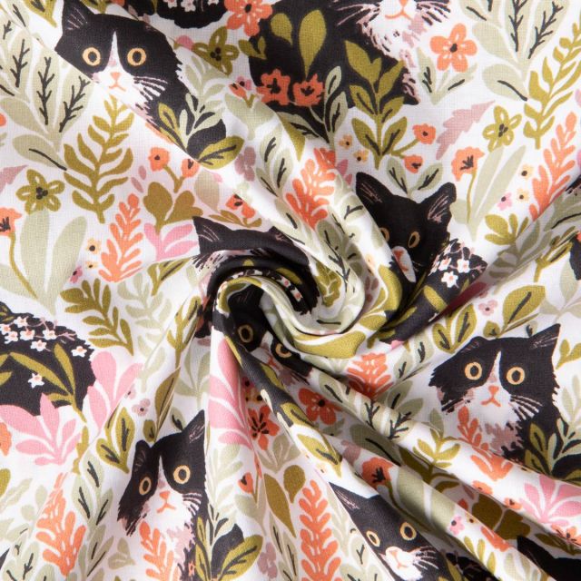 Tissu Coton imprimé Arty Chatons fleuris sur fond Blanc