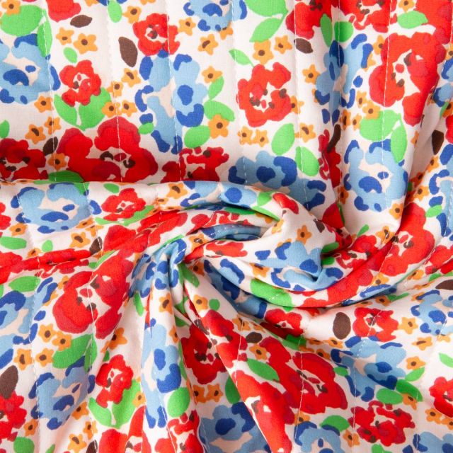 Tissu Coton Matelassé réversible fleurs Rouge et rayures Jaune sur fond Blanc