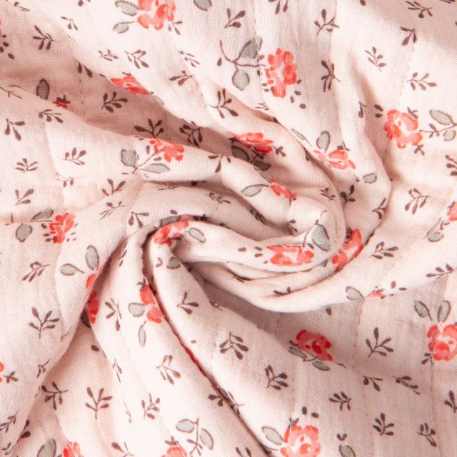 Tissu Double gaze de Coton Matelassé réversible Fleuris Olymp sur fond Pêche