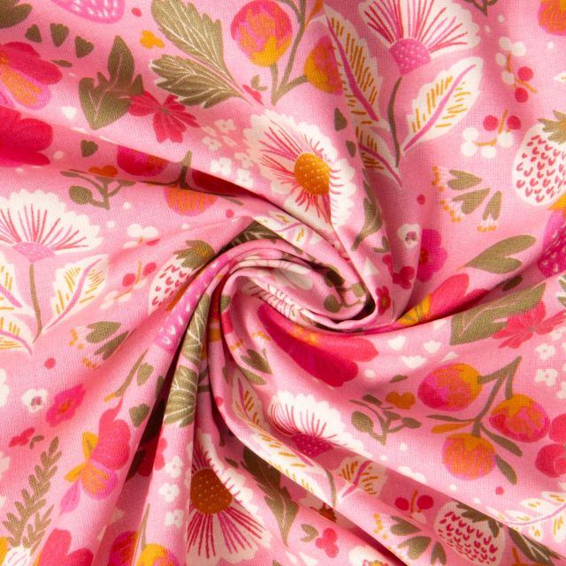 Tissu Coton imprimé Arty Fleuris Ostac sur fond Rose bonbon
