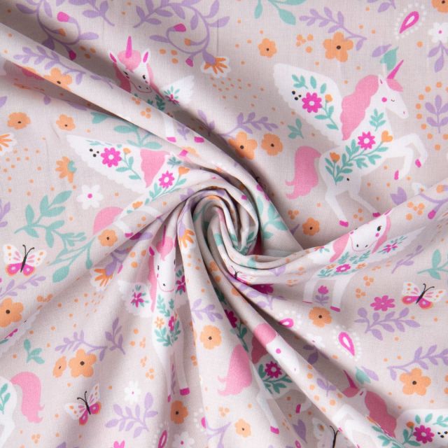 Tissu Coton imprimé Arty Licorne Polly sur fond Gris