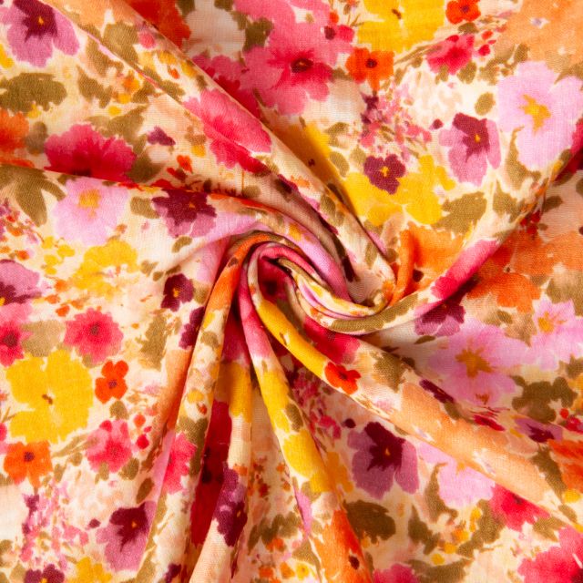 Tissu Double gaze de Coton digital Fleuris Rebecca sur fond Jaune pastel