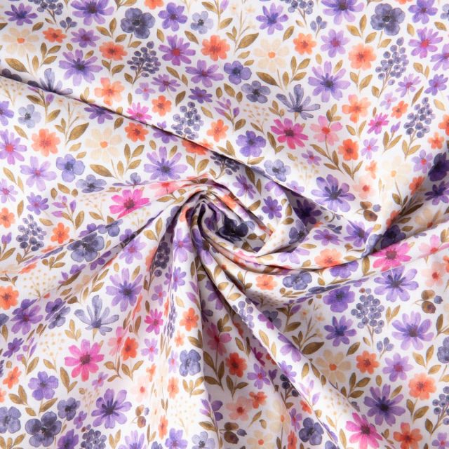 Tissu Coton imprimé digital Fleuris Rozena lilas sur fond Ecru