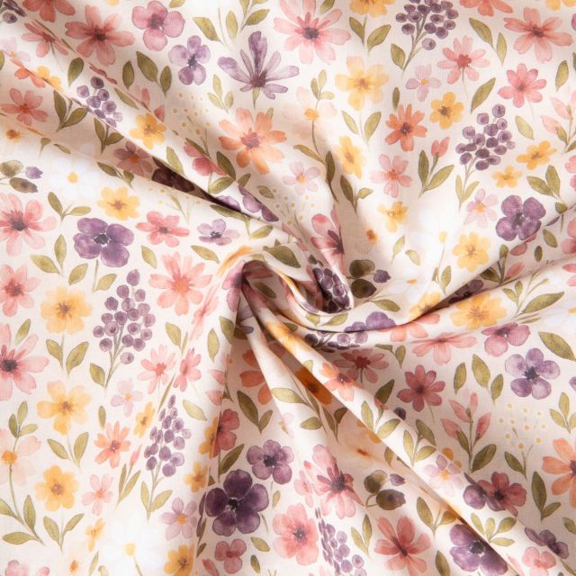 Tissu Coton imprimé digital Fleuris Rozena pastels sur fond Ecru
