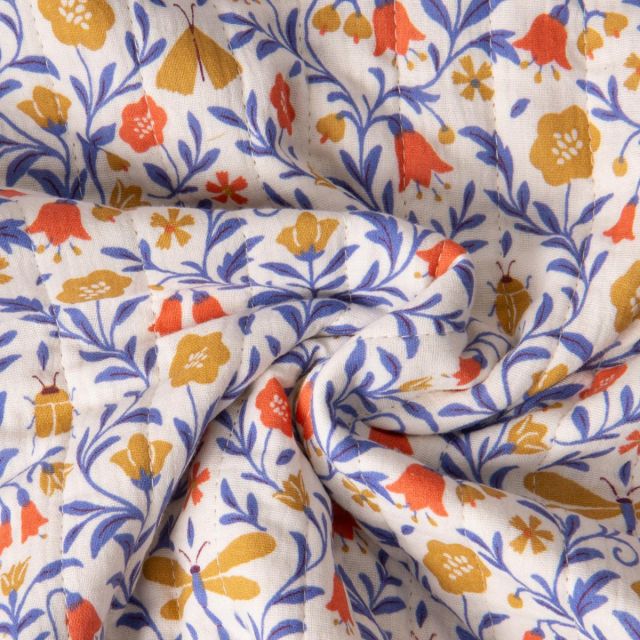 Tissu Double gaze de Coton Matelassé réversible Scara fleuris sur fond Ecru