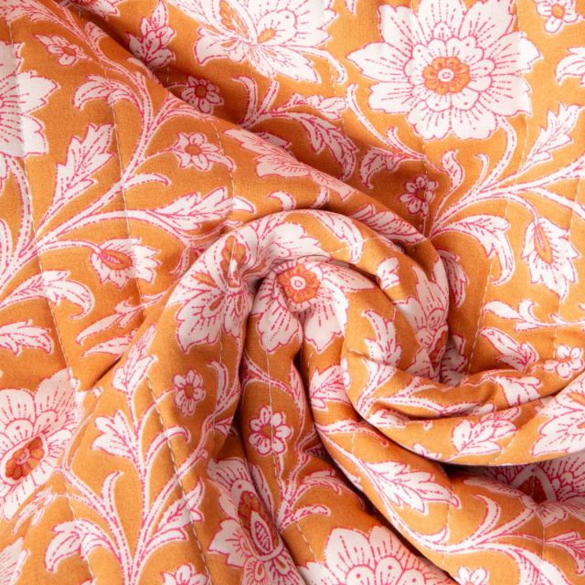 Tissu Coton Matelassé réversible Shira fleurs sur fond Moutarde