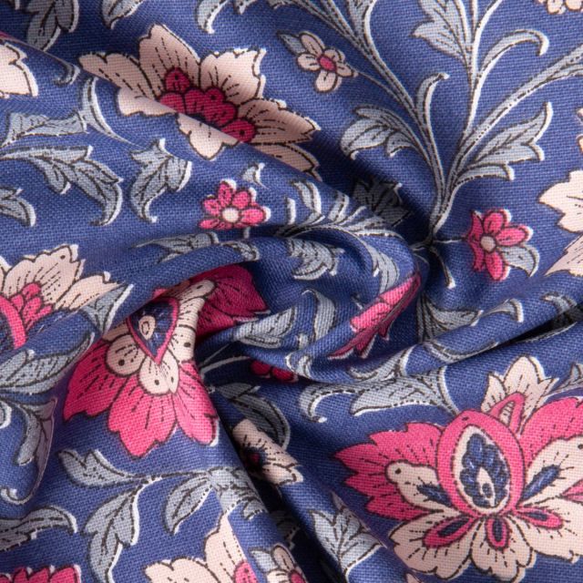 Tissu Toile de Coton Demi Natté Fleuris Shiri sur fond Bleu