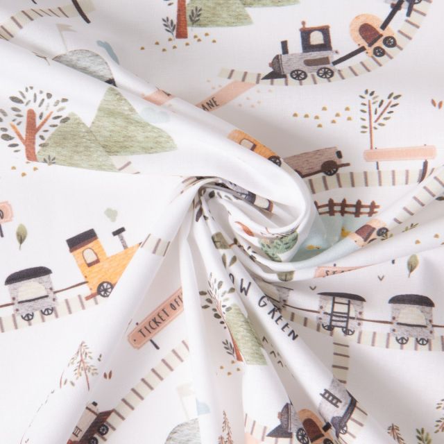 Tissu Coton imprimé digital La ferme Trip sur fond Blanc