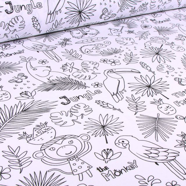 Coupon Tissu Coton à colorier Arty Tropik sur fond Blanc - Coupon de 40 cm