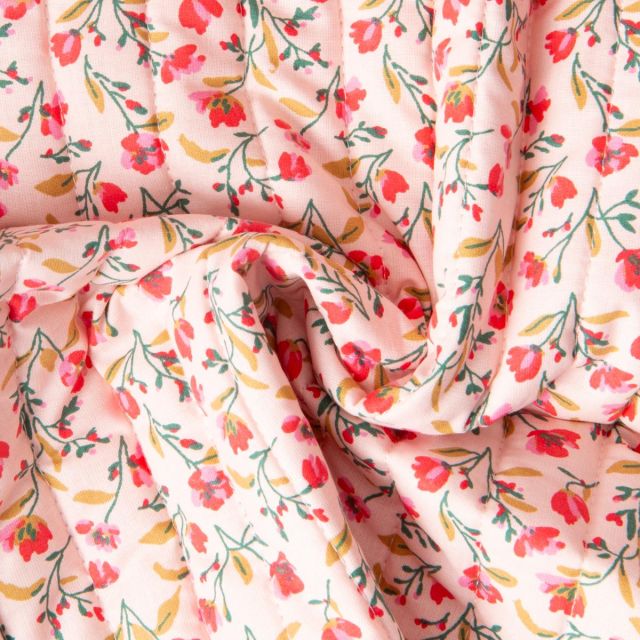Tissu Coton Matelassé réversible Vanda fleurs et rayures Rose et Rouge sur fond Rose