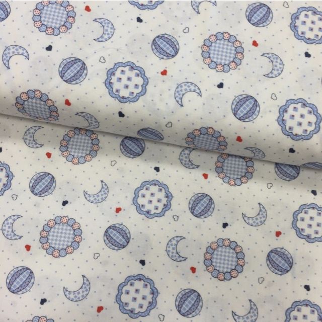 Tissu Popeline imprimée Blanc Lunes et ballons Bleues - Par 10 cm