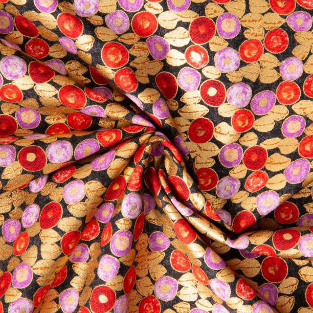 Tissu Gustav Klimt Grains dorés rouge et rose sur fond Noir