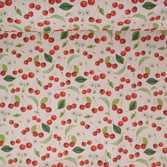 Tissu Toile de Coton aspect lin Cerises cherry sur fond Naturel