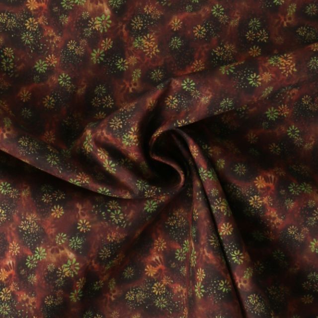 Tissu Coton imprimé  fleuris Saphira sur fond Marron